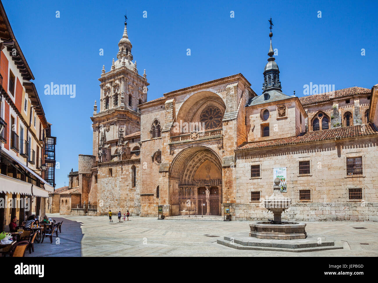 Spain, Castile and Leon, Burgo de Osma, Plaza de la Catedral (Cathedral Square), Cathedral of St. Mary of the Assumption Stock Photo