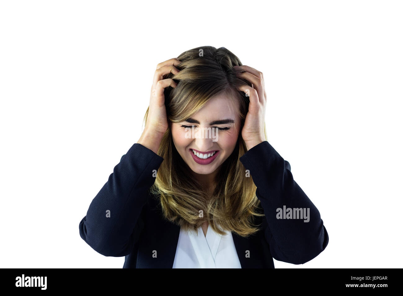 Woman touching her head Stock Photo - Alamy