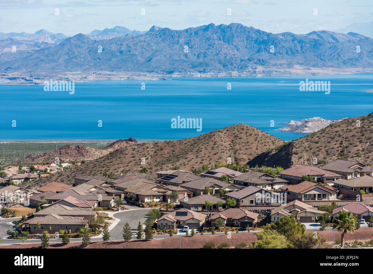 View of the town of Boulder City with mountains in background Stock Photo