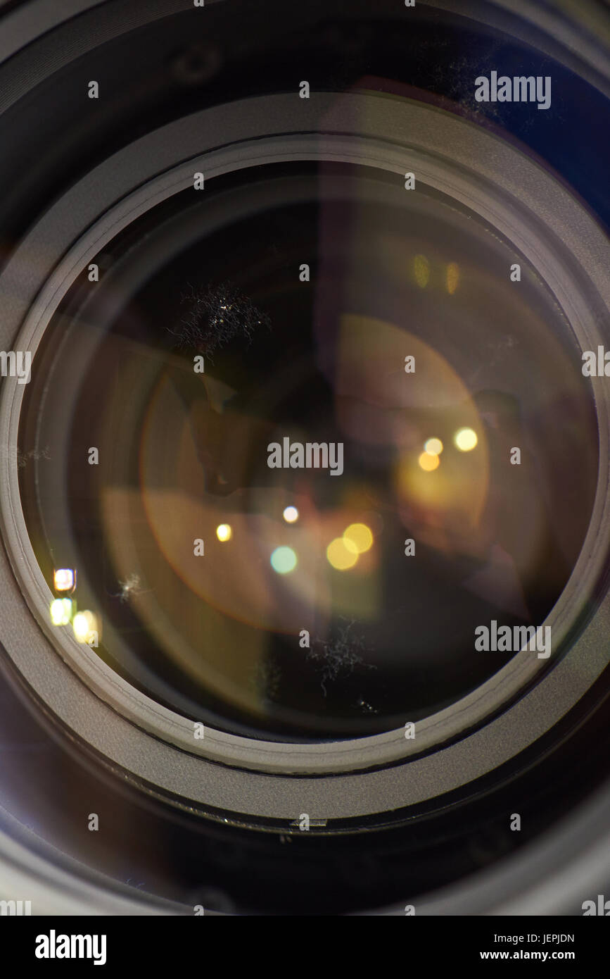 Damaged lens with fungus infection macro. Fungus disease on optical
