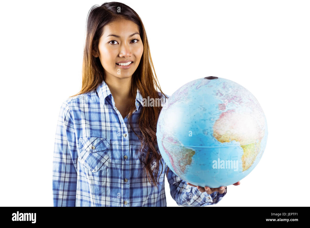 Smiling asian woman holding a globe Stock Photo - Alamy