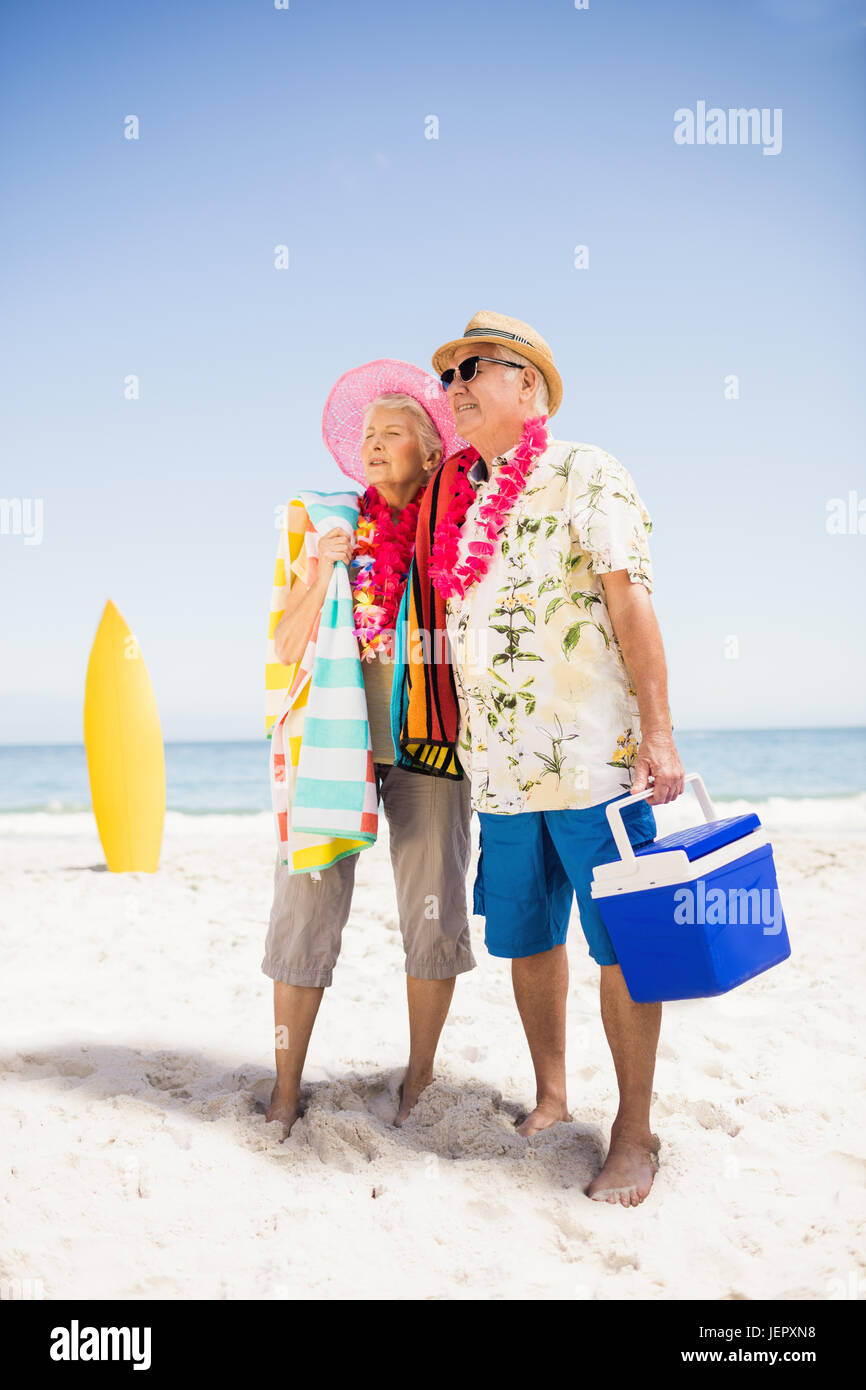 Senior couple holding icebox Stock Photo