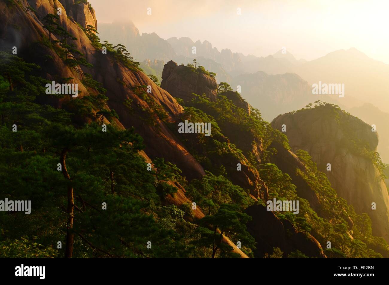 Golden hour in Yellow Mountain, a UNESCO world heritage site and major tourist attraction in China Stock Photo
