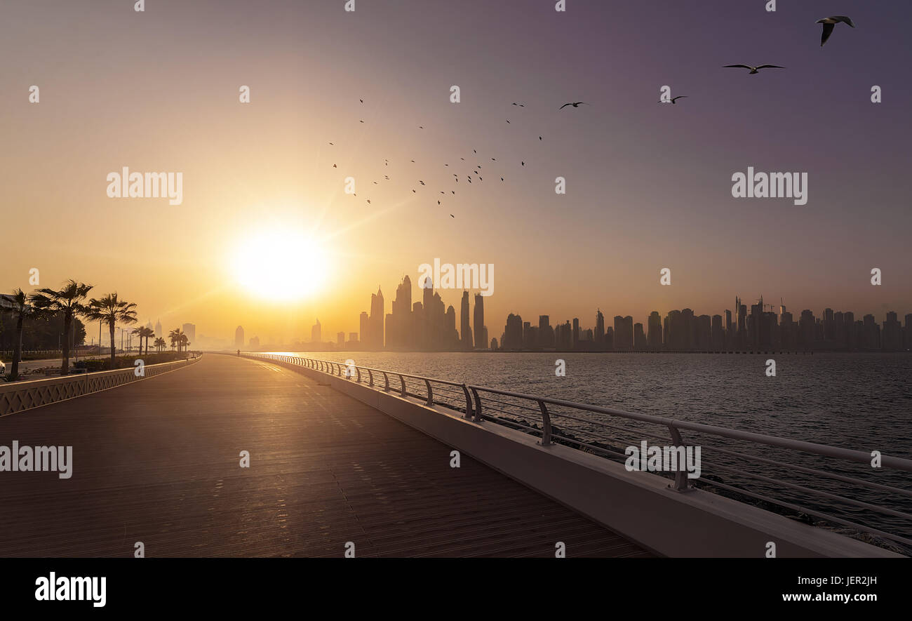 Dubai Skyline Boardwalk Stock Photo