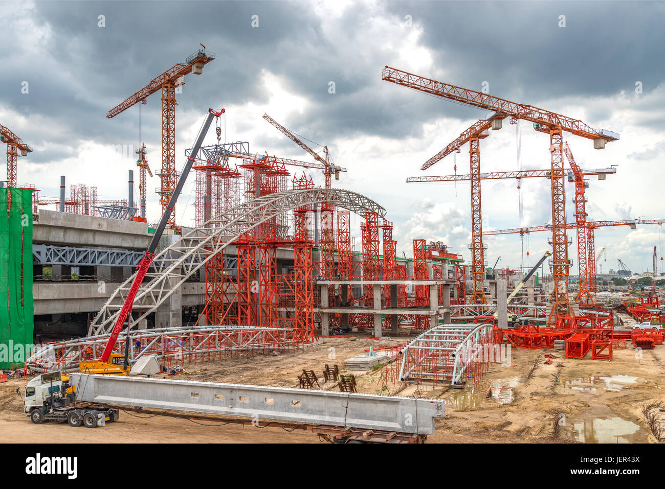 Industrial Cranes on Construction of Expressway Site in Asia Stock Photo