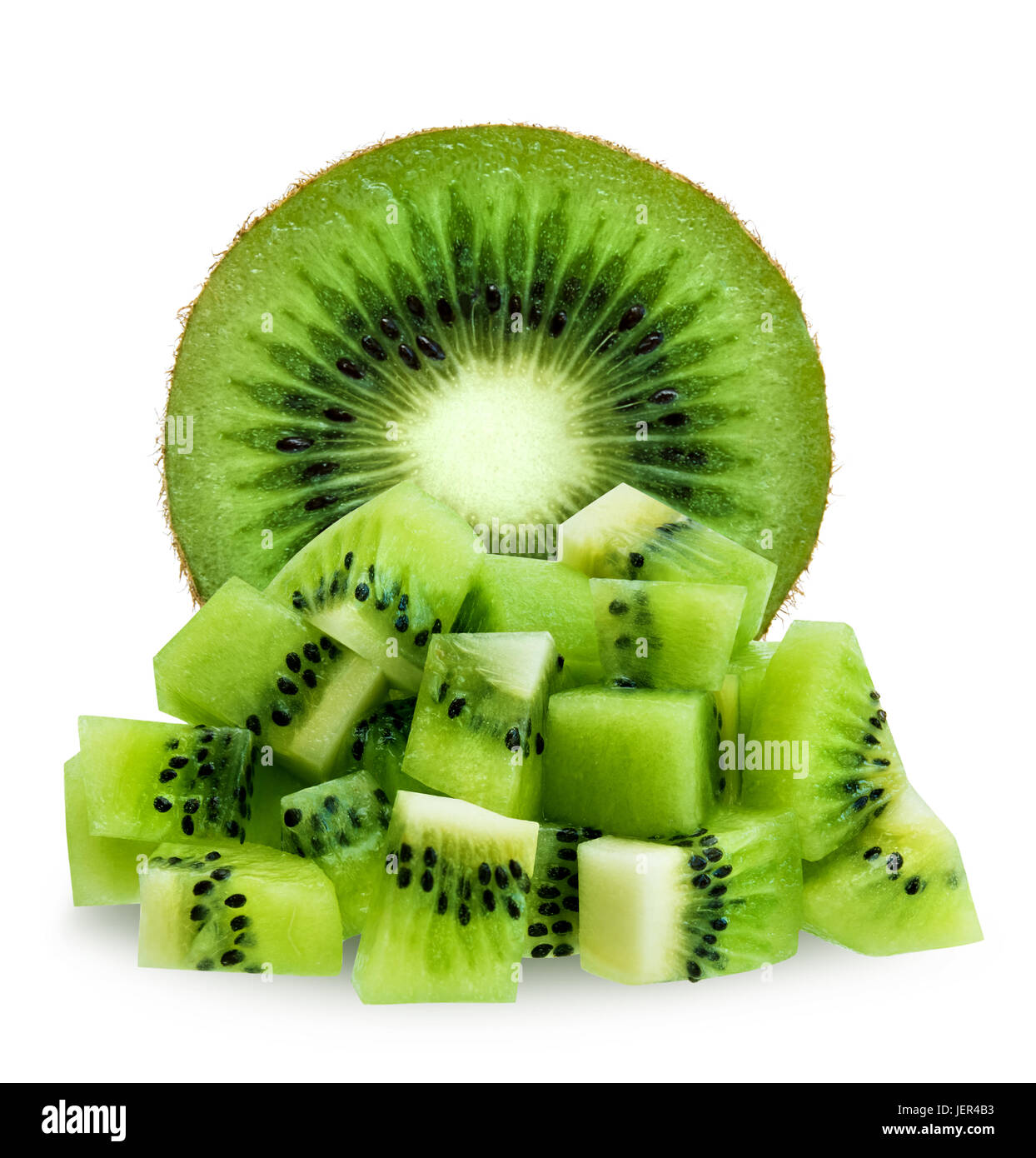 Half green fuzzy kiwifruit and diced isolated over white Stock Photo