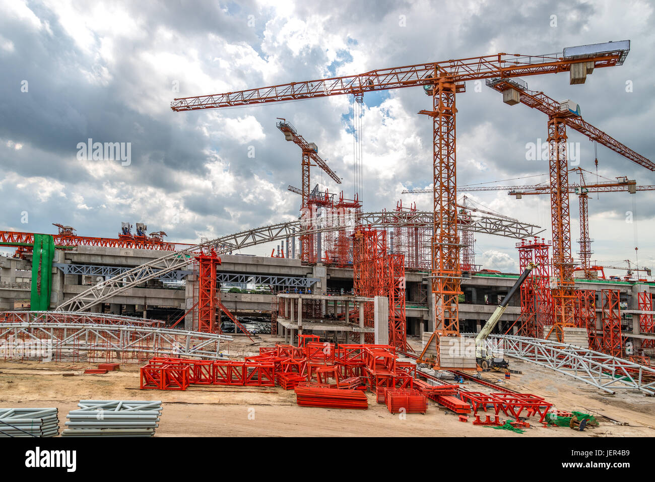 Cranes Working on Expressway Construction Sites in Asia Stock Photo