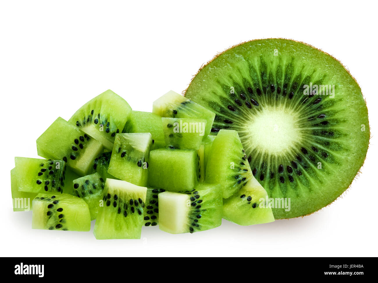 Half green kiwifruit and diced isolated over white Stock Photo