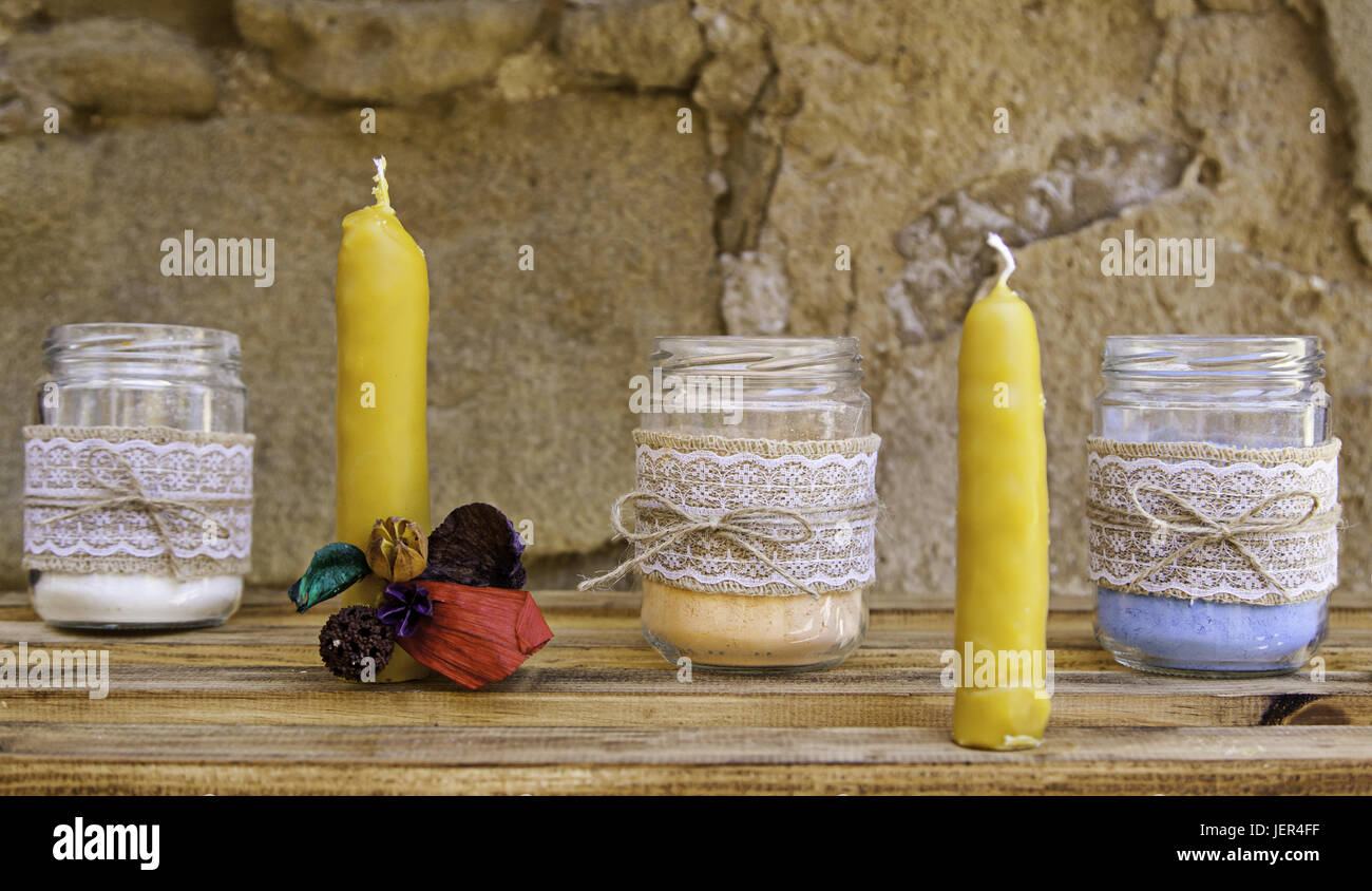 Craft wax candles in a market, object detail to give light Stock Photo