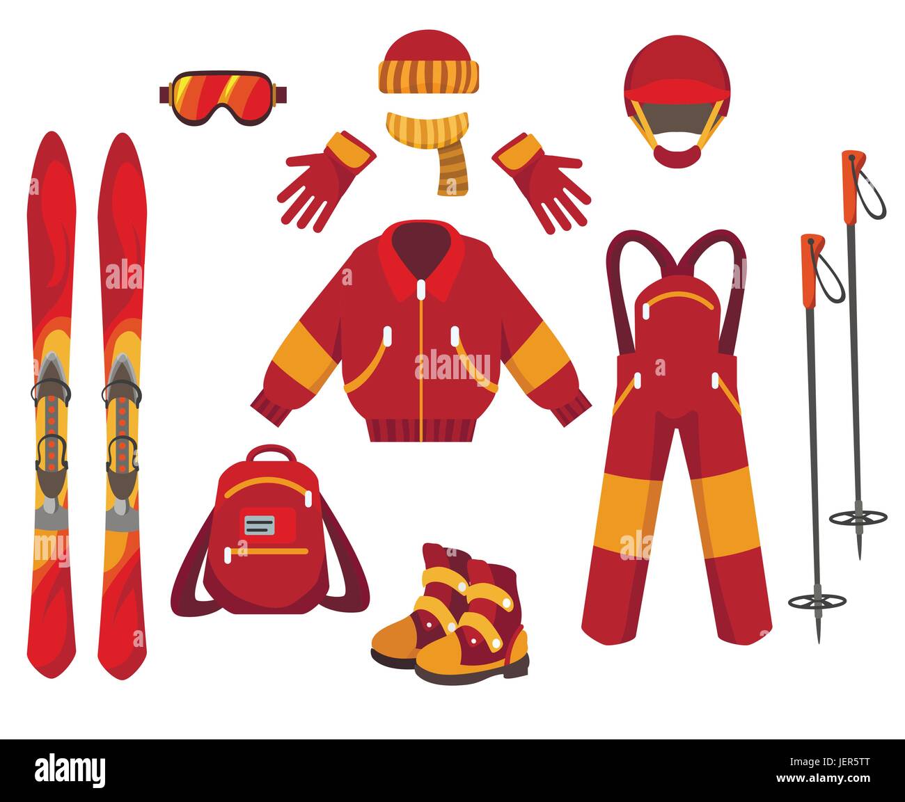 Skiing clothes and equipment isolated on white background. Outdoors