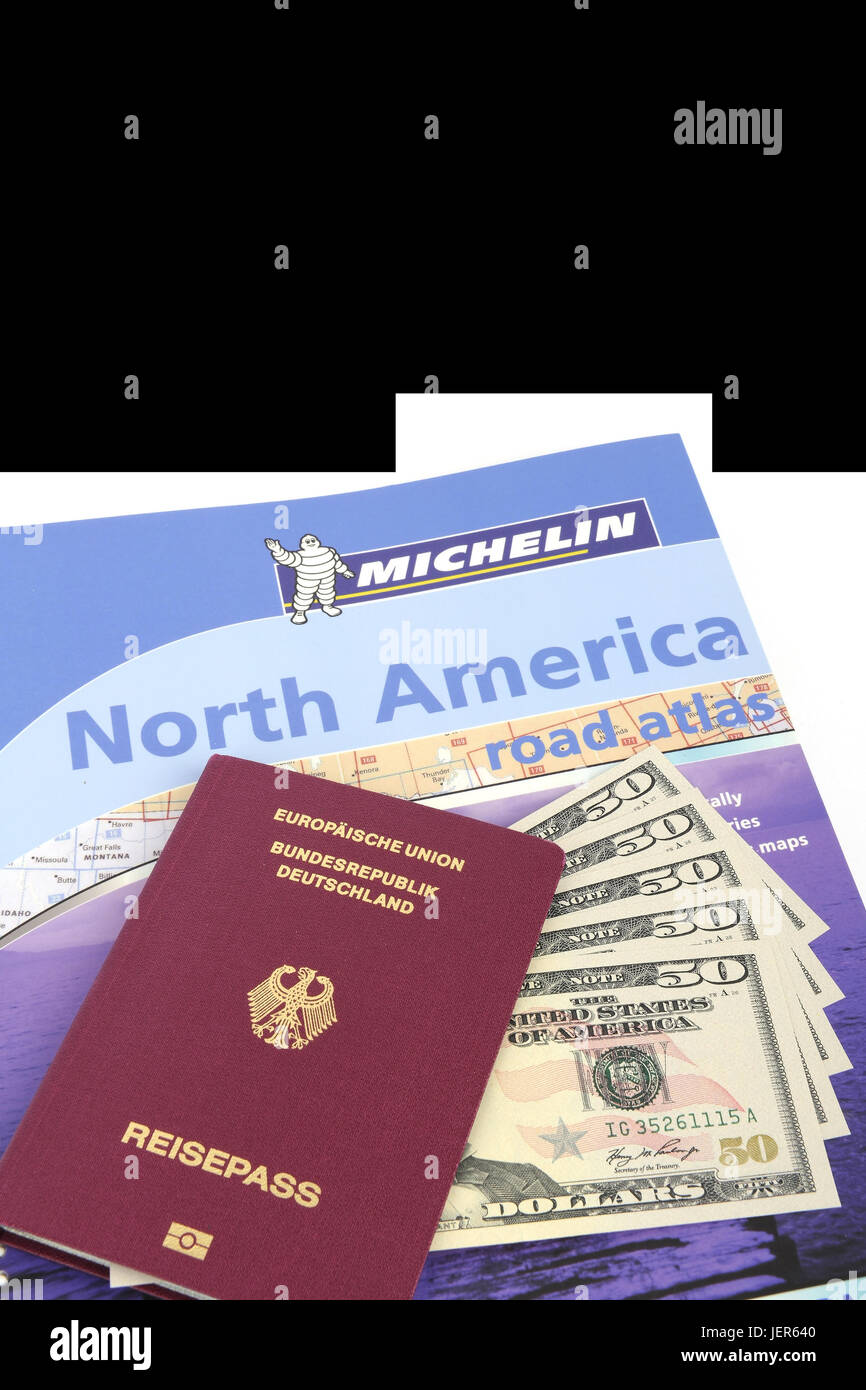Guide the USA, southwest, passport the Federal Republic of Germany, several 50 dollar notes, street atlas North America, symbolic picture travelling p Stock Photo