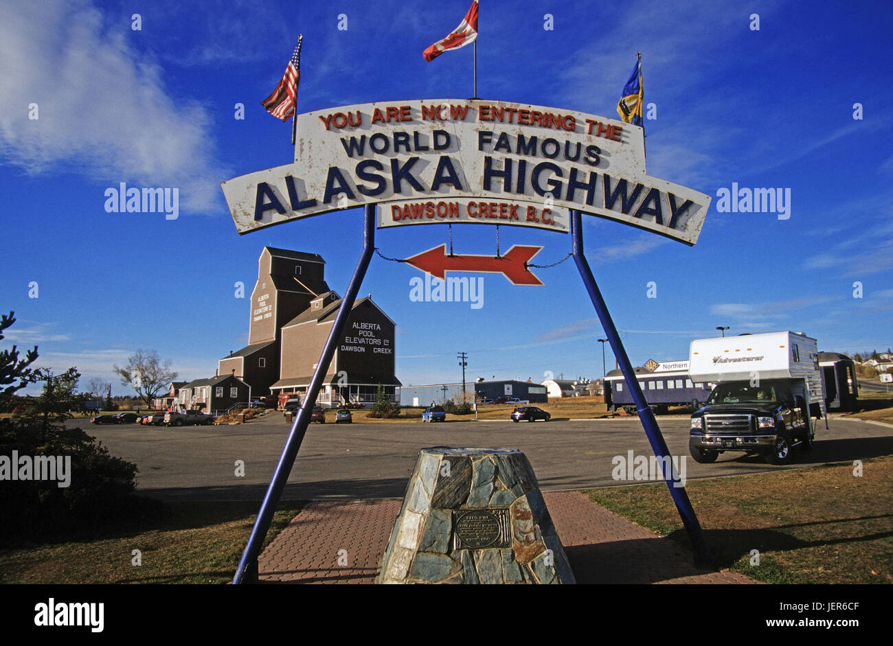 The beginning or Mile 0 of Alaska highways, Dawson Creek, Canada, Der Anfang oder Mile 0 des Alaska Highways - Dawson Creek, Kanada Stock Photo
