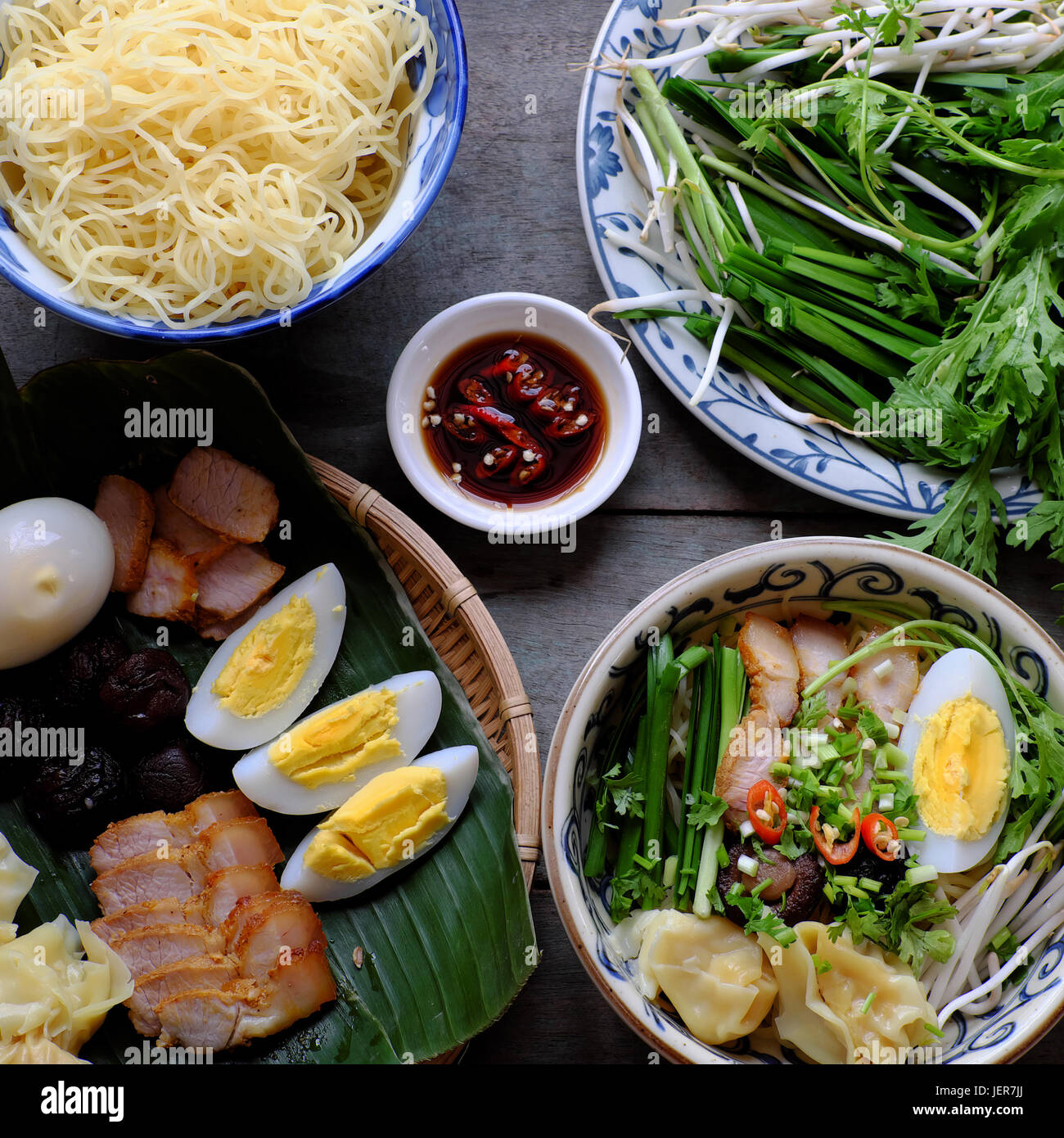 Homemade Vietnam Food Egg Noodle Soup With Wontons Colorful Food Ingredient For This Eating As Egg Pork Broth Shallot Bean Sprout Vegetable Stock Photo Alamy