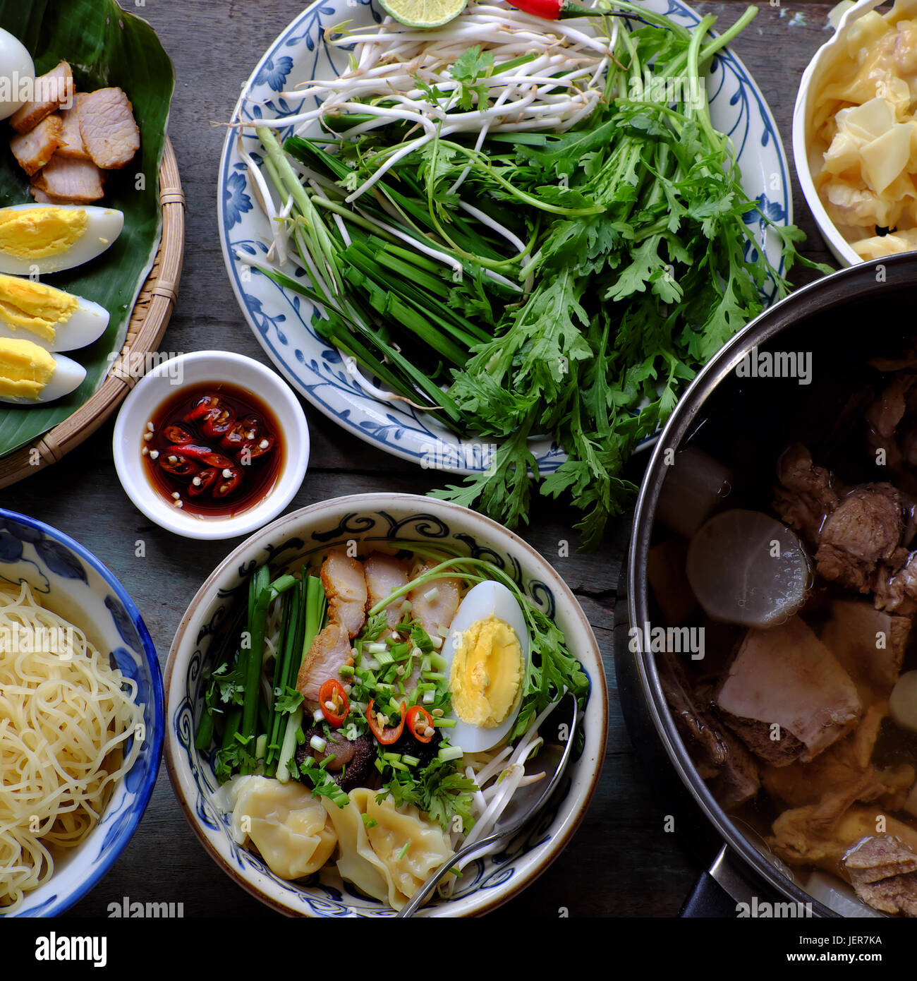 Homemade Vietnam Food Egg Noodle Soup With Wontons Colorful Food Ingredient For This Eating As Egg Pork Broth Shallot Bean Sprout Vegetable Stock Photo Alamy