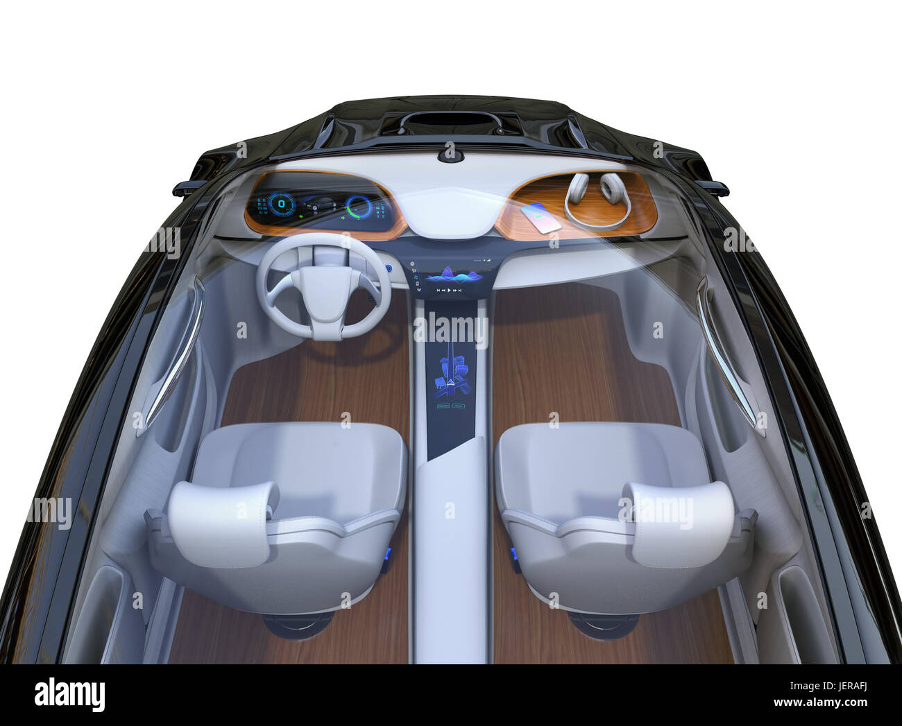 Electric car dashboard concept. Smart phone charging on the wooden tray by wireless charging unit. 3D rendering image. Stock Photo