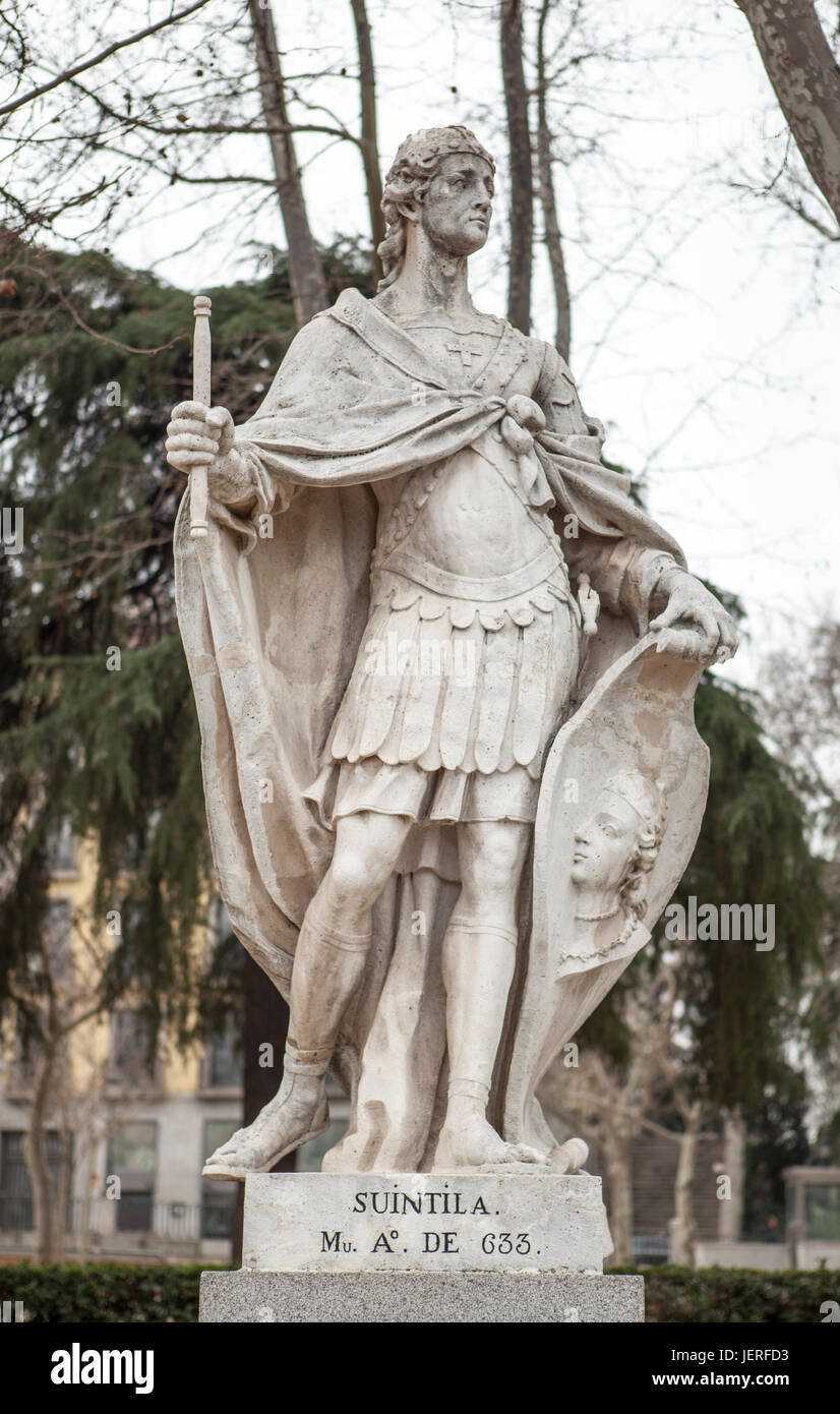 Madrid, Spain - february 26, 2017: Sculpture of Suintila at Plaza de Oriente, Madrid. He was a Visigothic King of Hispania, Septimania and Galicia fro Stock Photo