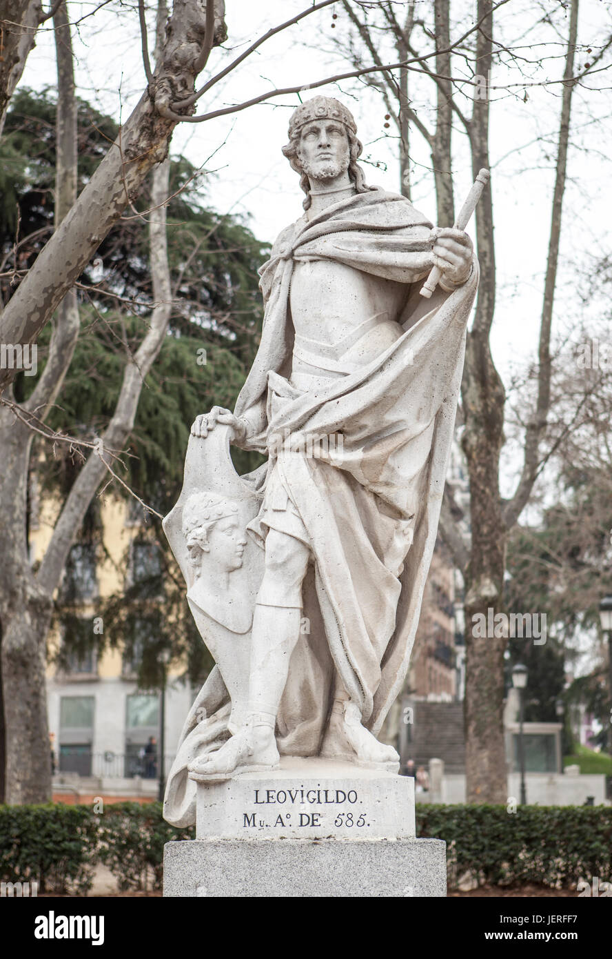 Madrid, Spain - february 26, 2017: Sculpture of Leovigild King at Plaza de Oriente, Madrid. He was a Visigothic King of Hispania and Septimania from 5 Stock Photo