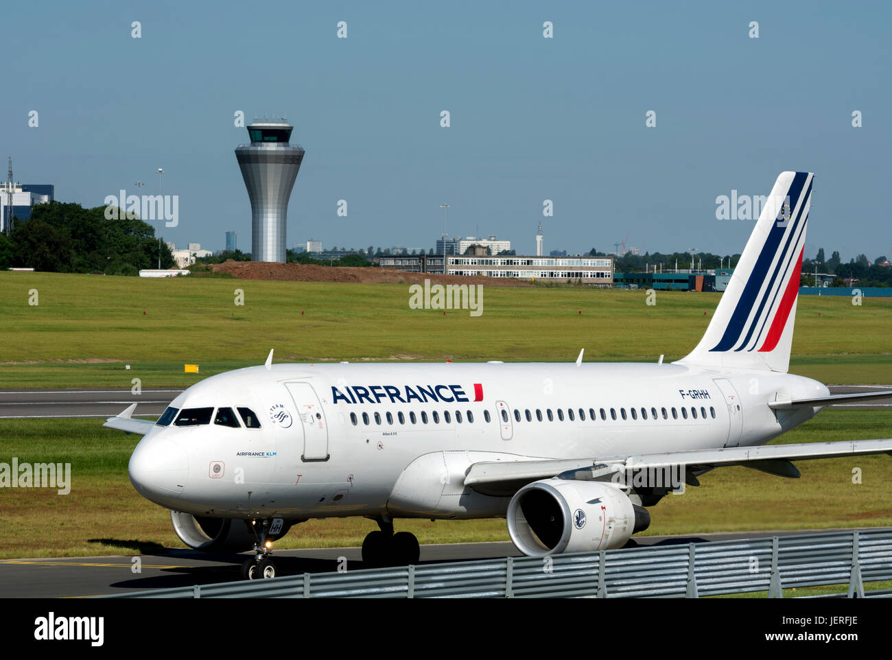 Air France Airbus A319 taxiing for take off at Birmingham Airport, UK (F-GRHH) Stock Photo