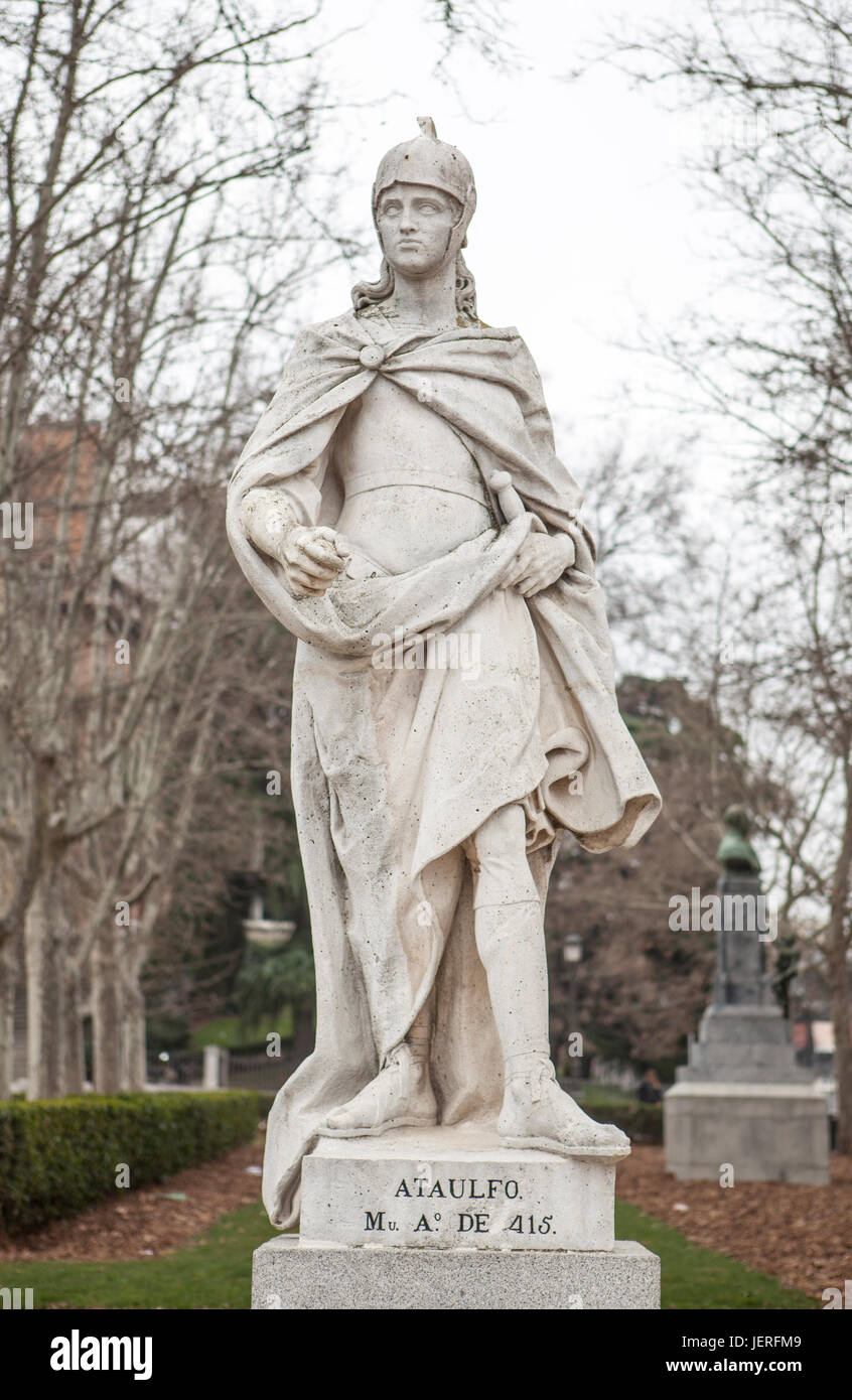 Madrid, Spain - february 26, 2017: Sculpture of Ataulf King at Plaza de Oriente, Madrid. He was king of the Visigoths from 411 to 415 Stock Photo