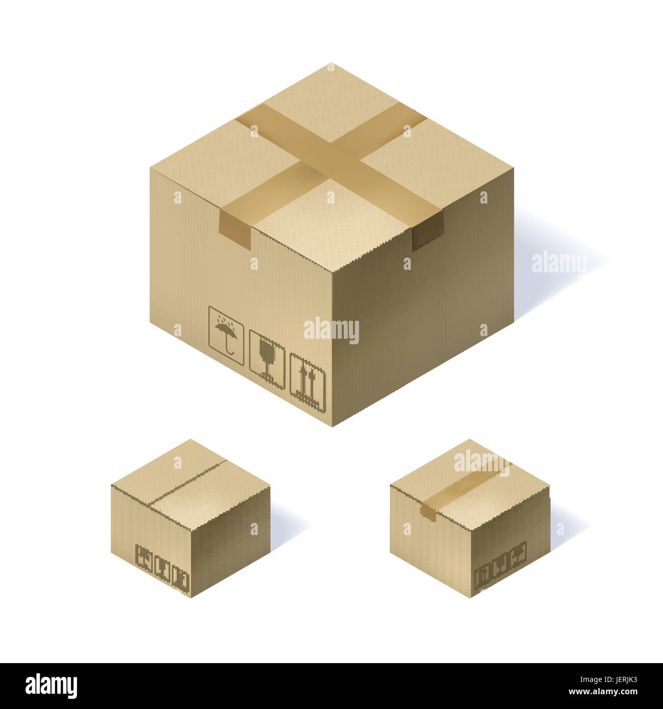 Set of three isometric cardboard boxes isolated on white background ...