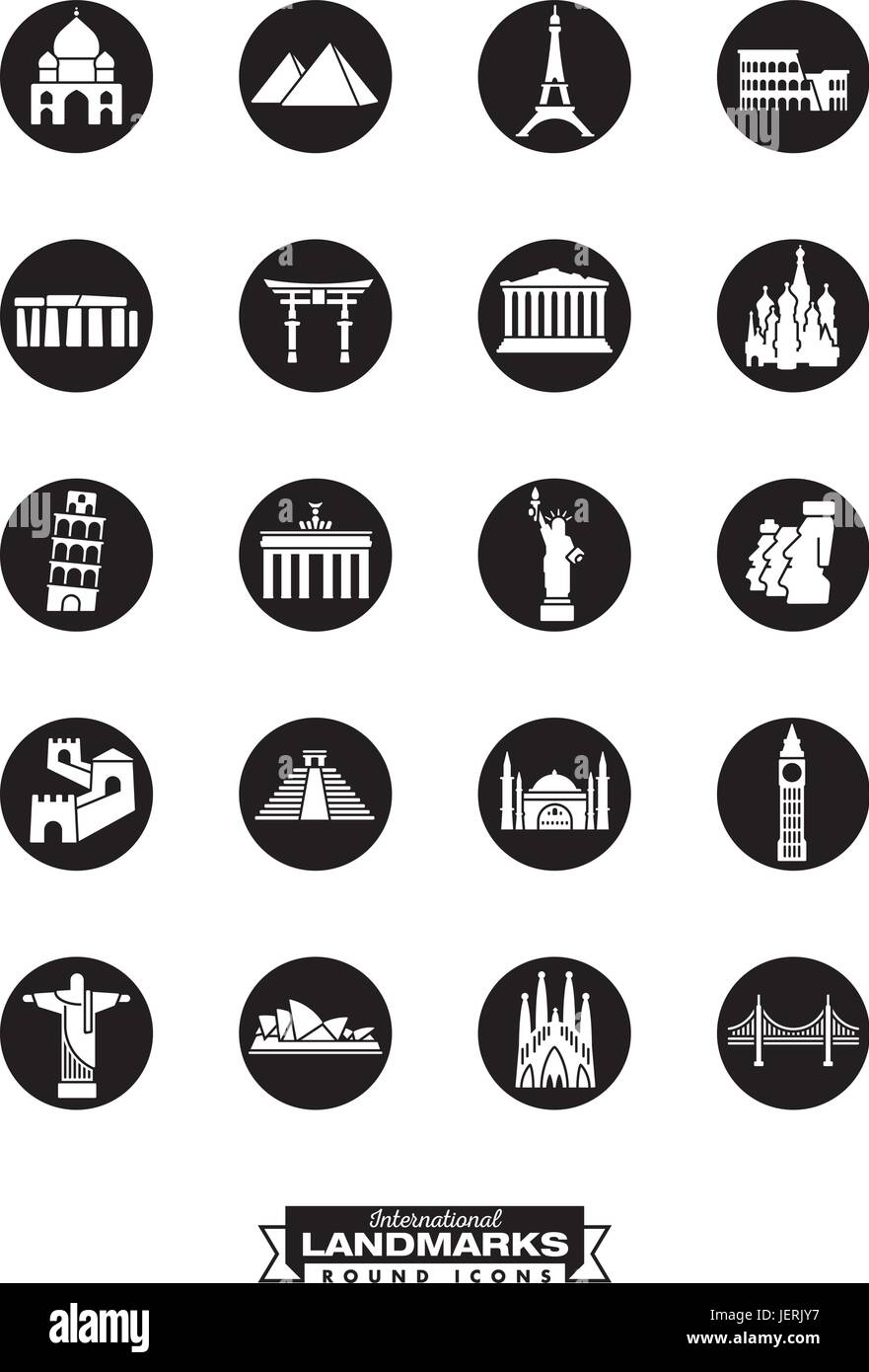 Round black icons collection of international landmarks Stock Vector