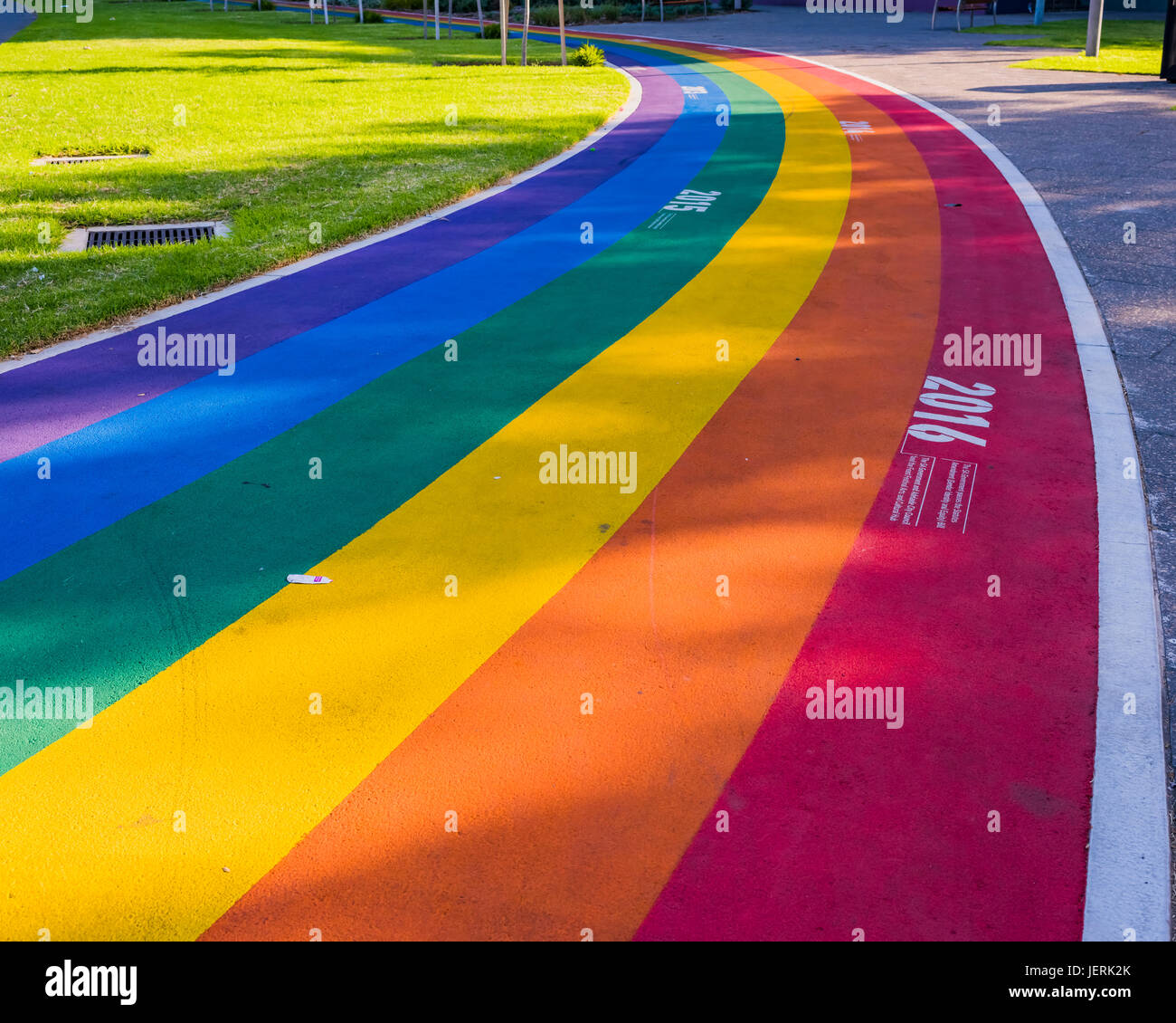 Rainbow coloured walking track (street art) representing Gay Pride in Adelaide, South Australia Stock Photo