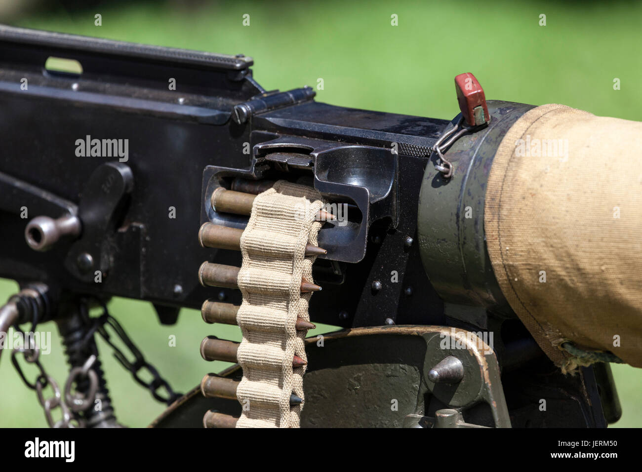 Close Up of a Vickers Machine Gun and Ammunition Stock Photo