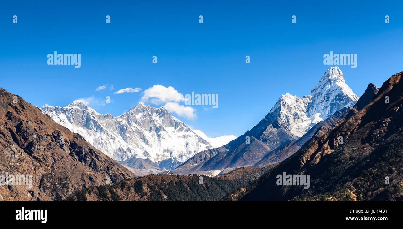Everest, Lhotse and Ama Dalbma, Nepal Stock Photo