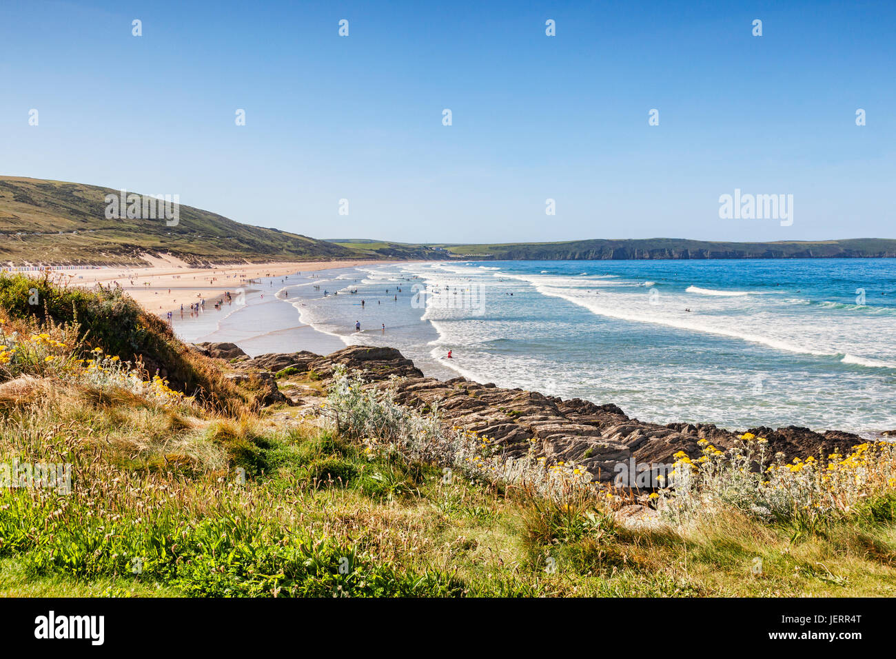 The beach at Woolacombe, North Devon, England, UK, on one of the hottest days of the year. Stock Photo