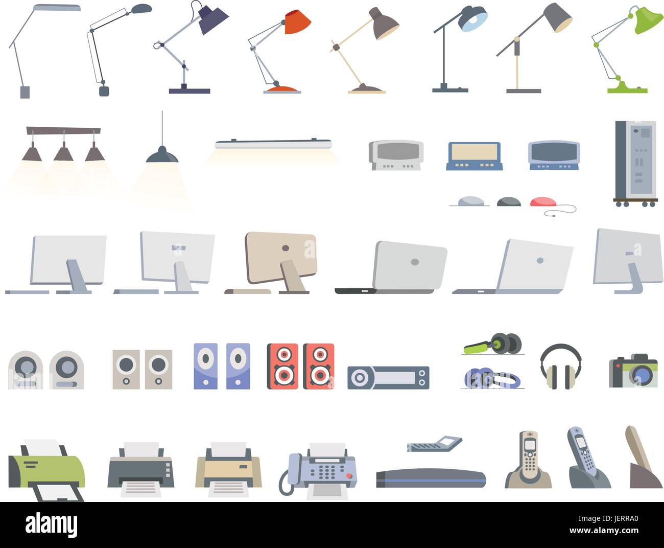 Office Essentials - modern color vector flat icons set. Different lamps, lights, display, monitor, desktop, computer, laptop, speaker, player, headpho Stock Vector