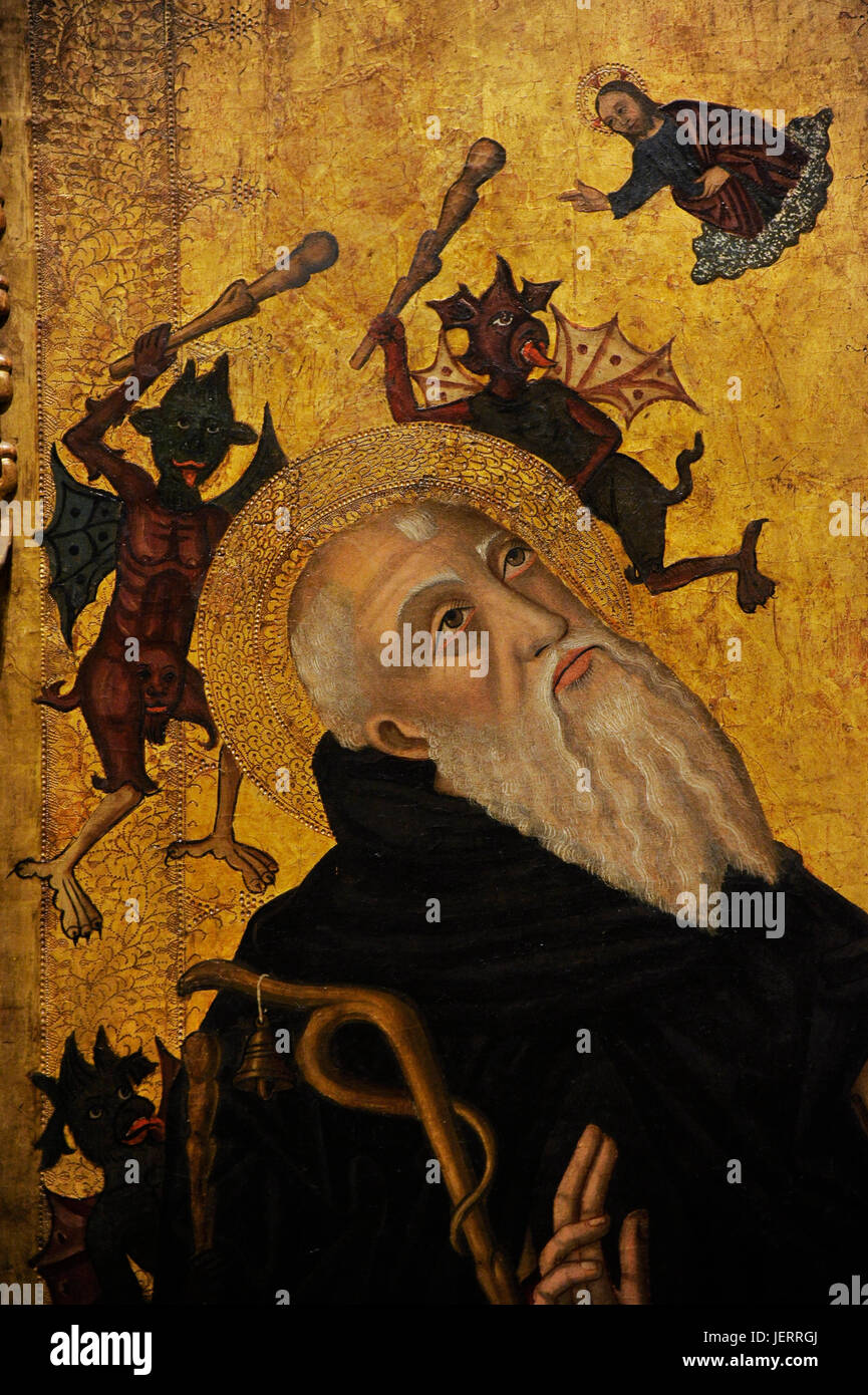 Saint Anthony the Abbot turmented by Demons, 1500-1503. Detail. Panel of an altarpiece dedicated to the Trinity, Saint Anthony the Abbot and the Blessed Ramon Llull. By Joan Desi (documented in Majorca between 1481-1520).  From the Chapel of the Potters of the Church of El Sant Esperit, Convent of Calced Trinitarians, Palma de Mallorca, Spain. National Art Museum of Catalonia. Barcelona. Catalonia. Spain. Stock Photo