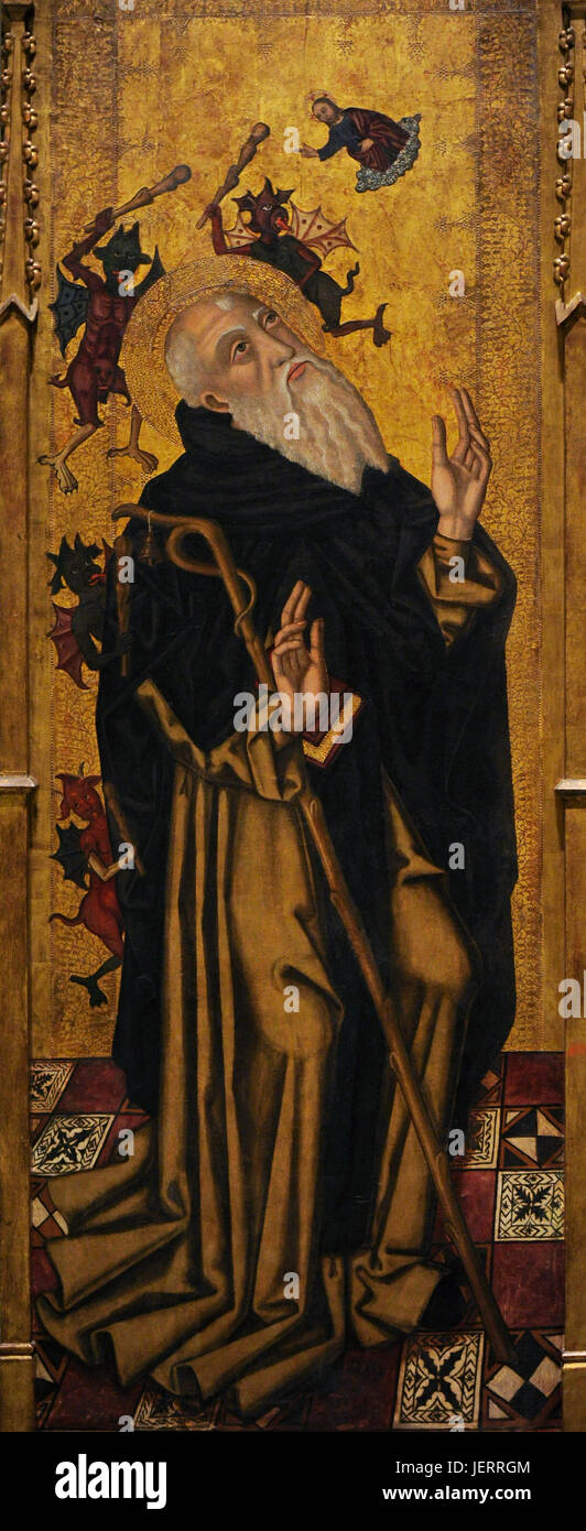 Saint Anthony the Abbot turmented by Demons, 1500-1503. Panel of an altarpiece dedicated to the Trinity, Saint Anthony the Abbot and the Blessed Ramon Llull. By Joan Desi (documented in Majorca between 1481-1520).  From the Chapel of the Potters of the Church of El Sant Esperit, Convent of Calced Trinitarians, Palma de Mallorca, Spain. National Art Museum of Catalonia. Barcelona. Catalonia. Spain. Stock Photo