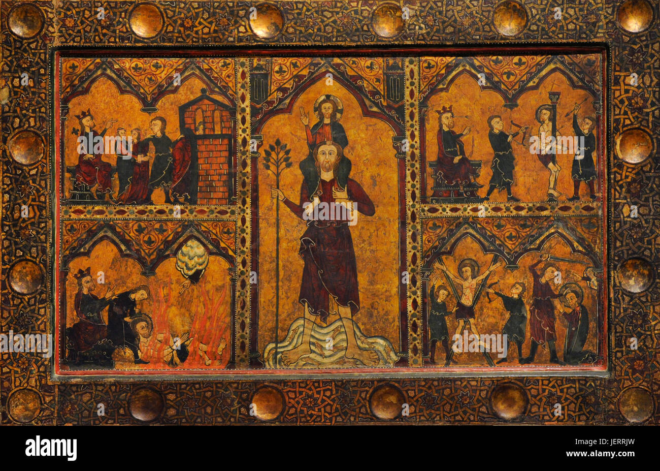 Master of Soriguerola. Altar frontal of Saint Christopher, 14th century. Gothic. From the Parish Church of Sant Cristofol de Toses, Catalonia. National Art Museum of Catalonia. Barcelona. Catalonia. Spain. Stock Photo