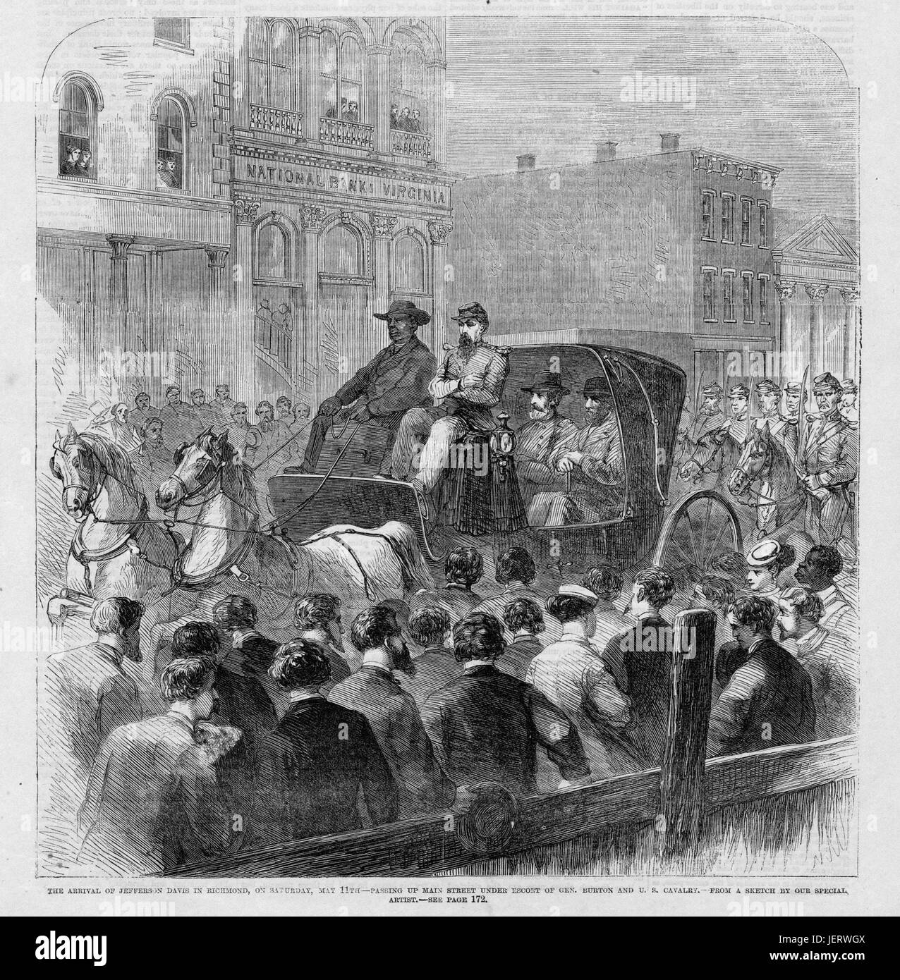 Arrival of Jefferson Davis in Richmond, on Saturday, May 11th; passing up Main Street under escort of Gen. Burton and U. S. Cavalry Stock Photo