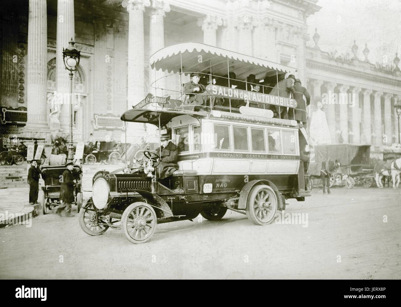 The first bus with a fuel engine was delivered to the Paris Compagnie générale des Omnibus in 1905 for the Salon de l'Auto. It was a double decker bus model 2 built by Brillié-Schneider. Stock Photo