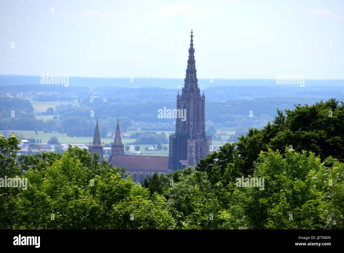 distant view over the minster of ulm with blurred air, Ulmer Münster, Ulmer Muenster, Cathedral of Ulm, steeple of church Stock Photo
