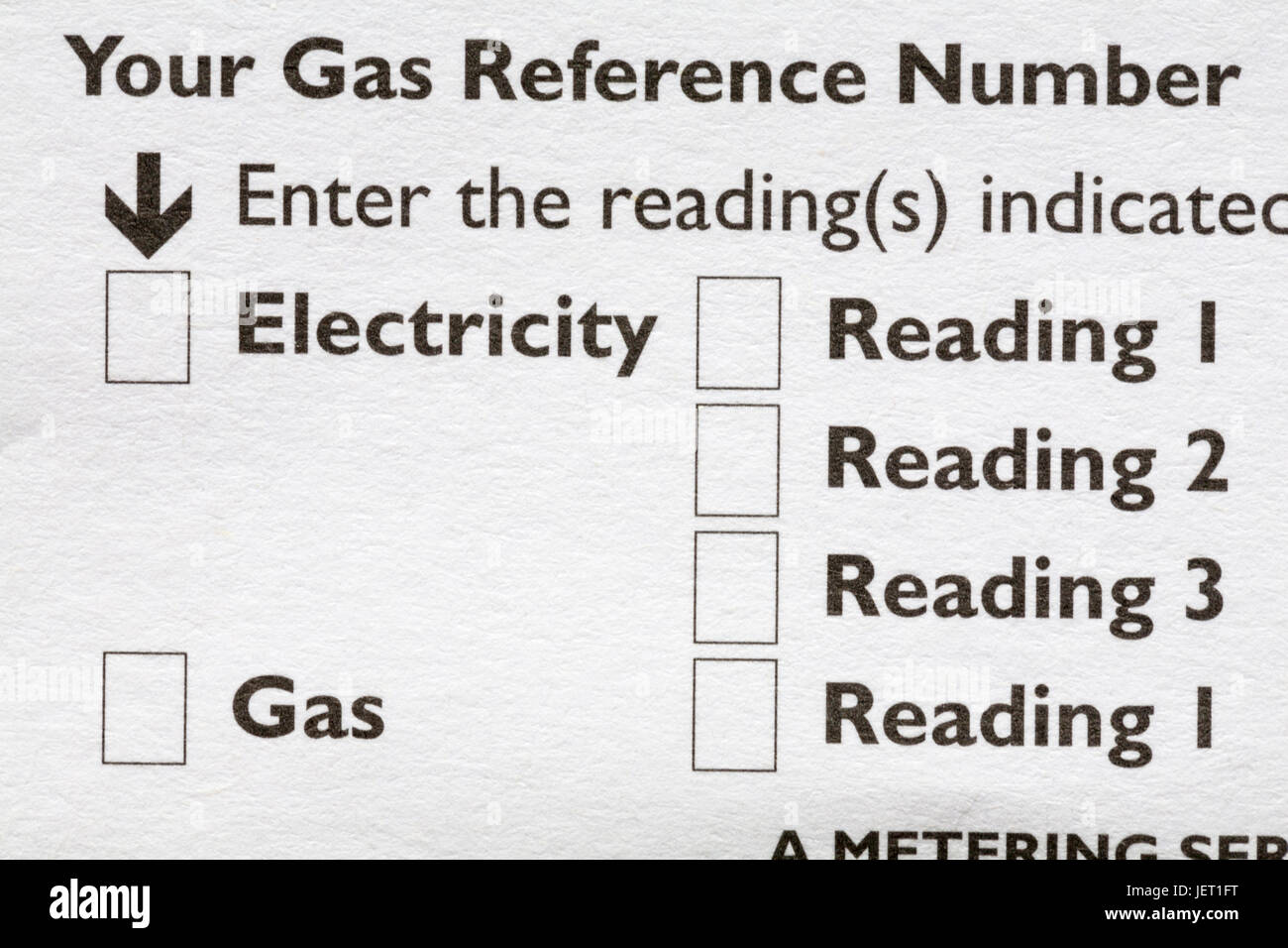 Electricity and Gas readings - information on card left by company unable to read meter readings. Stock Photo