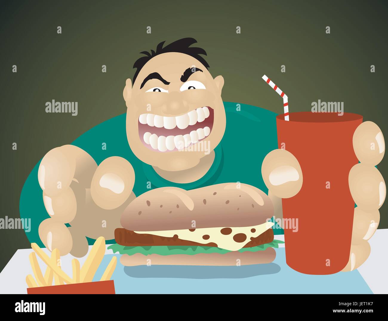 hungry, cheeseburger, thick, wide, fat, obesity, man, restaurant, food, Stock Vector