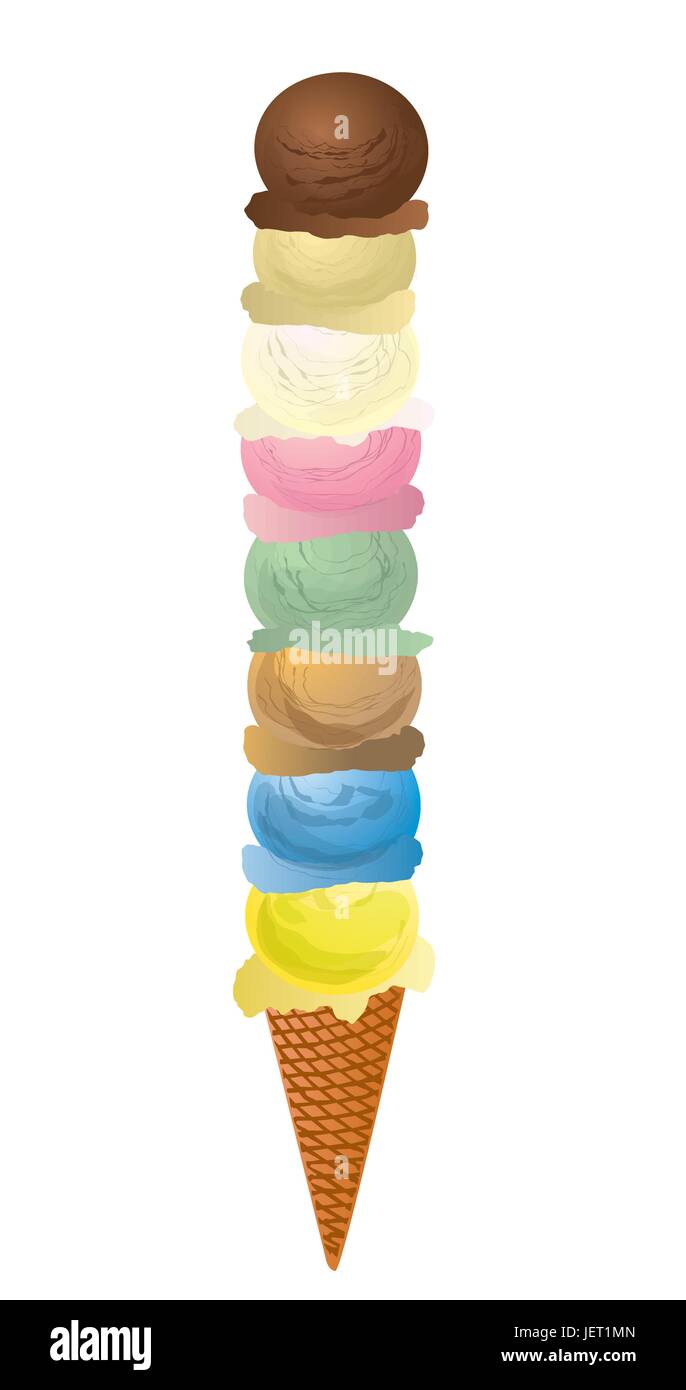 summer, summerly, cream, stacked, multiple, scoops, dessert, chocolate, ice, Stock Vector