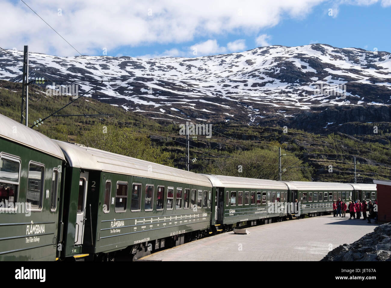 Flam Railway train in the station platform. Vatnahelsen, Aurland, Norway, Scandinavia, Europe Stock Photo