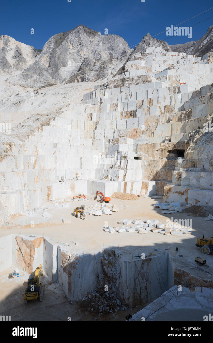 Europe, Italy, Carrara, Marble Quarries.  Carrara marble is a type of white or blue-grey marble of high quality, popular for use in sculpture and building decor Stock Photo