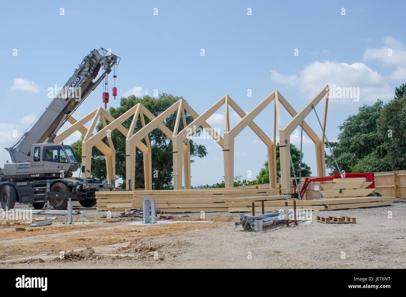 Hyde Hall Essex -17 June  2017: Large wooden framed building being  constructed Stock Photo