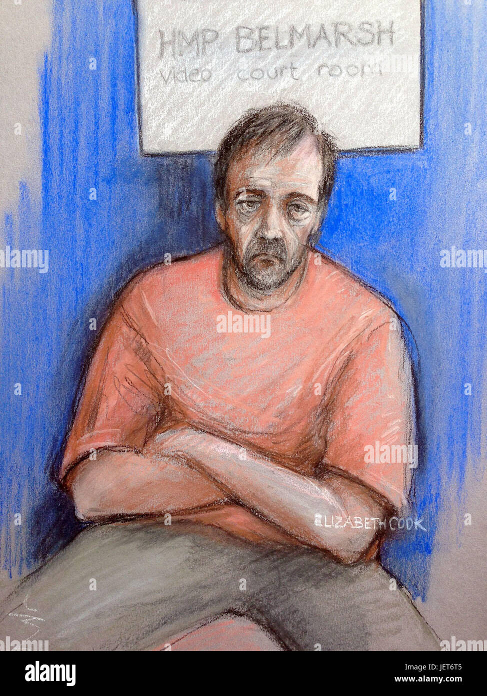 Court Artist Sketch By Elizabeth Cook Of Darren Osborne Appearing Via Videolink At A Preliminary 