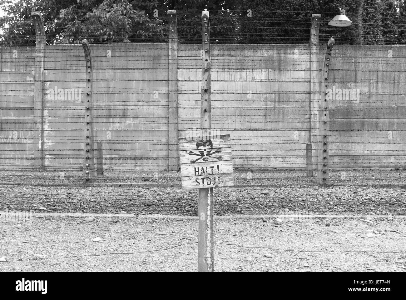 Warning sign at Auschwitz concentration camp, Poland Stock Photo