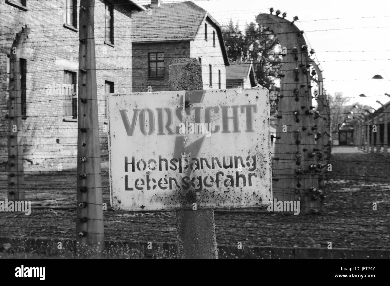 Warning sign at Auschwitz concentration camp, Poland Stock Photo