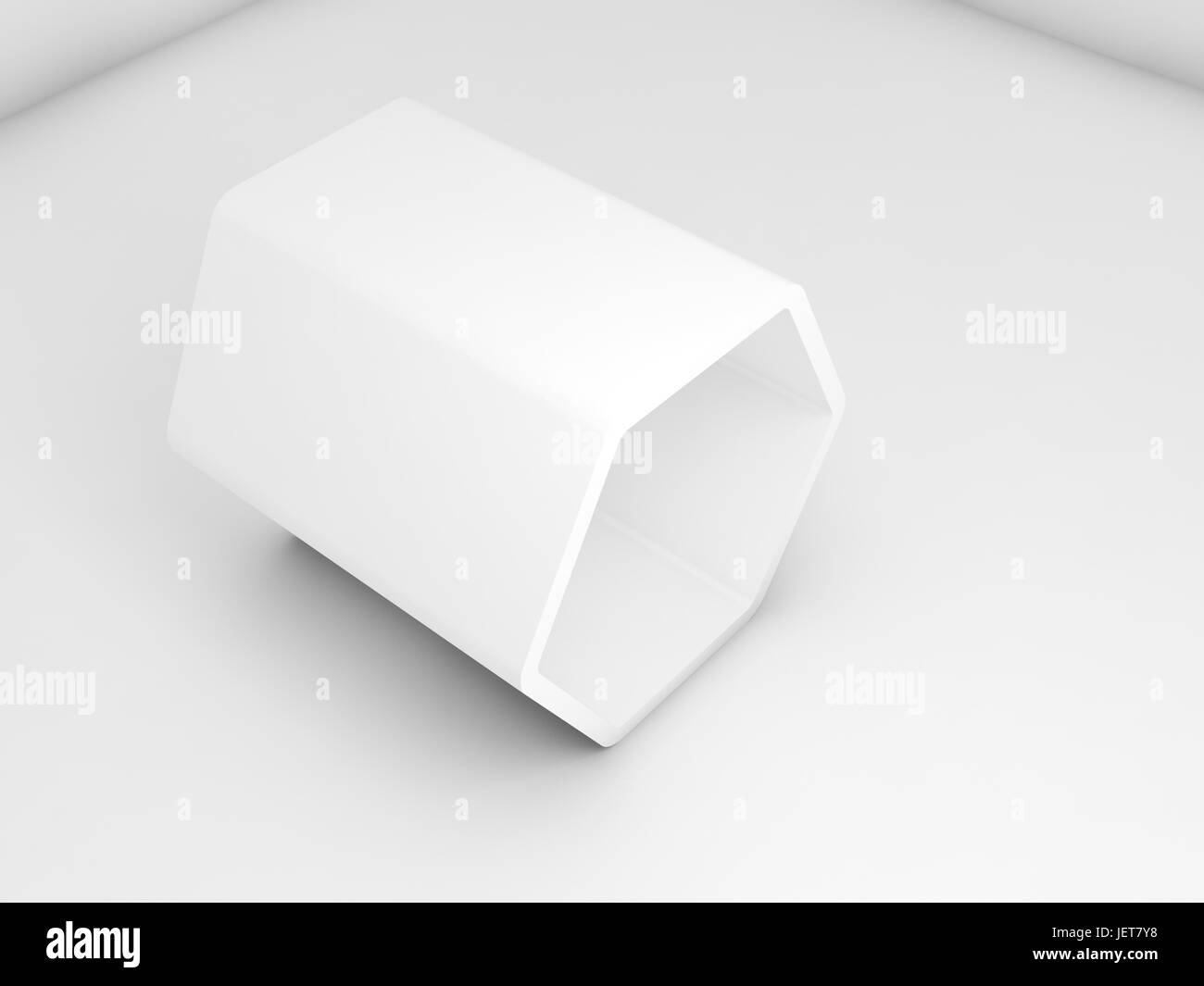Empty white hexagonal object in blank room interior, 3d render ...