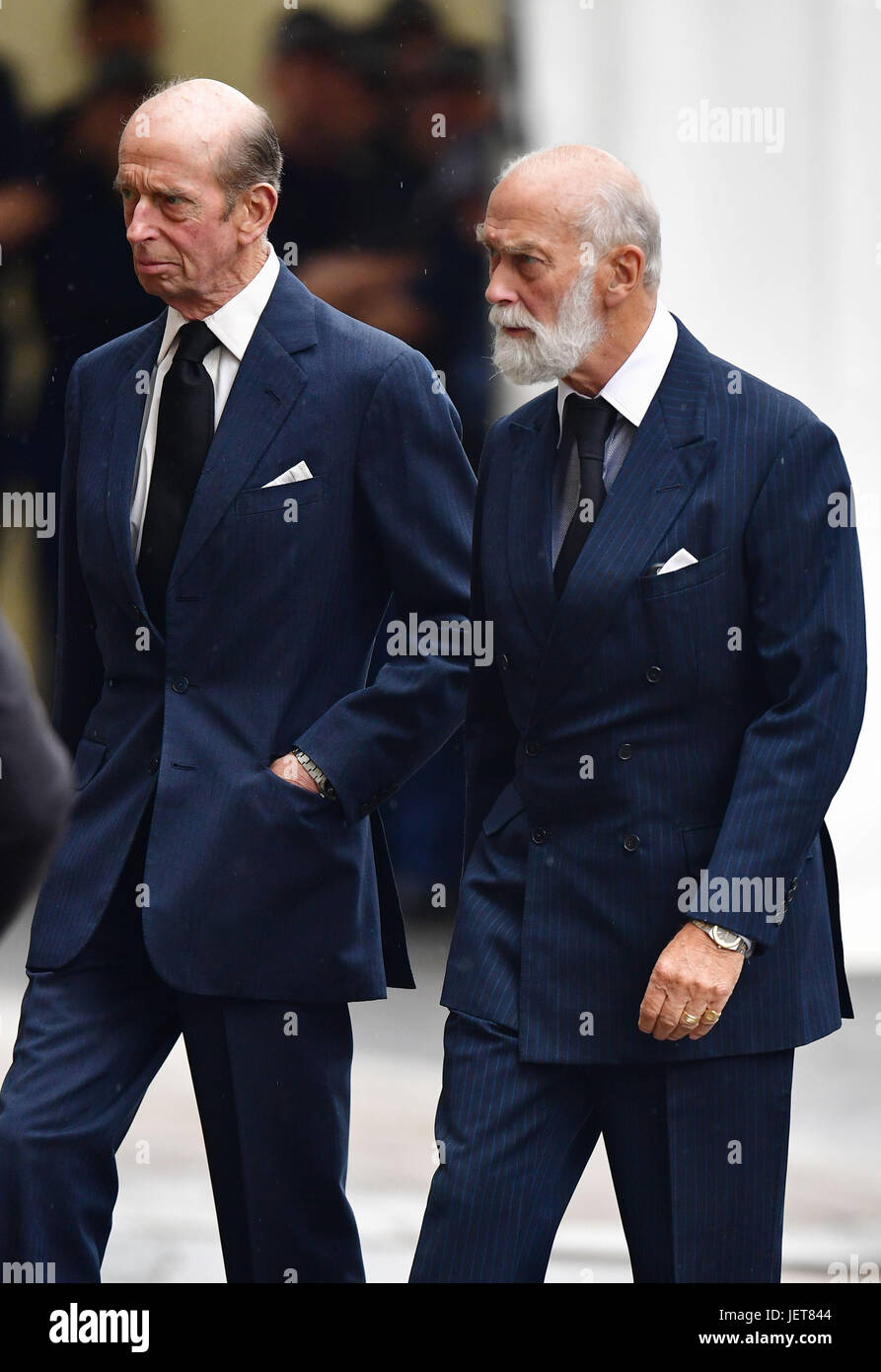 The Duke of Kent (left) and Prince Michael of Kent arriving at the funeral of Countess Mountbatten of Burma's at St Paul's Church, Knightsbridge, London. Stock Photo