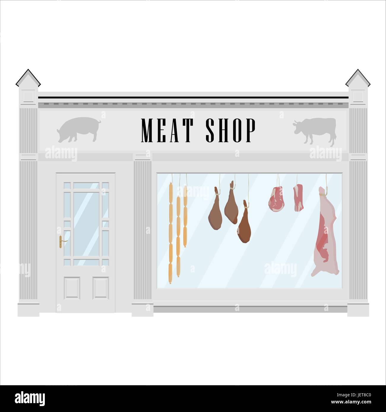 Vector illustration butcher meat shop facade icon. Sausages, beef carcass and steak. Butchery. Stock Vector