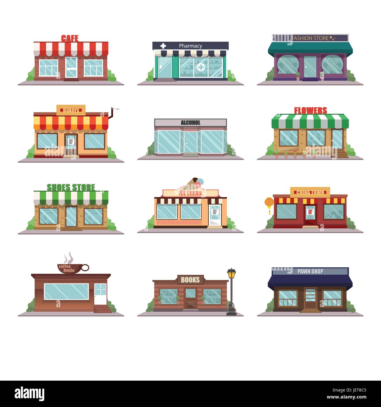 Set of vector flat design  shops facade icons. Cafe, pharmacy, fashion store, bakery, alcohol, flowers, shoes store, ice cream, china town, coffee hou Stock Vector