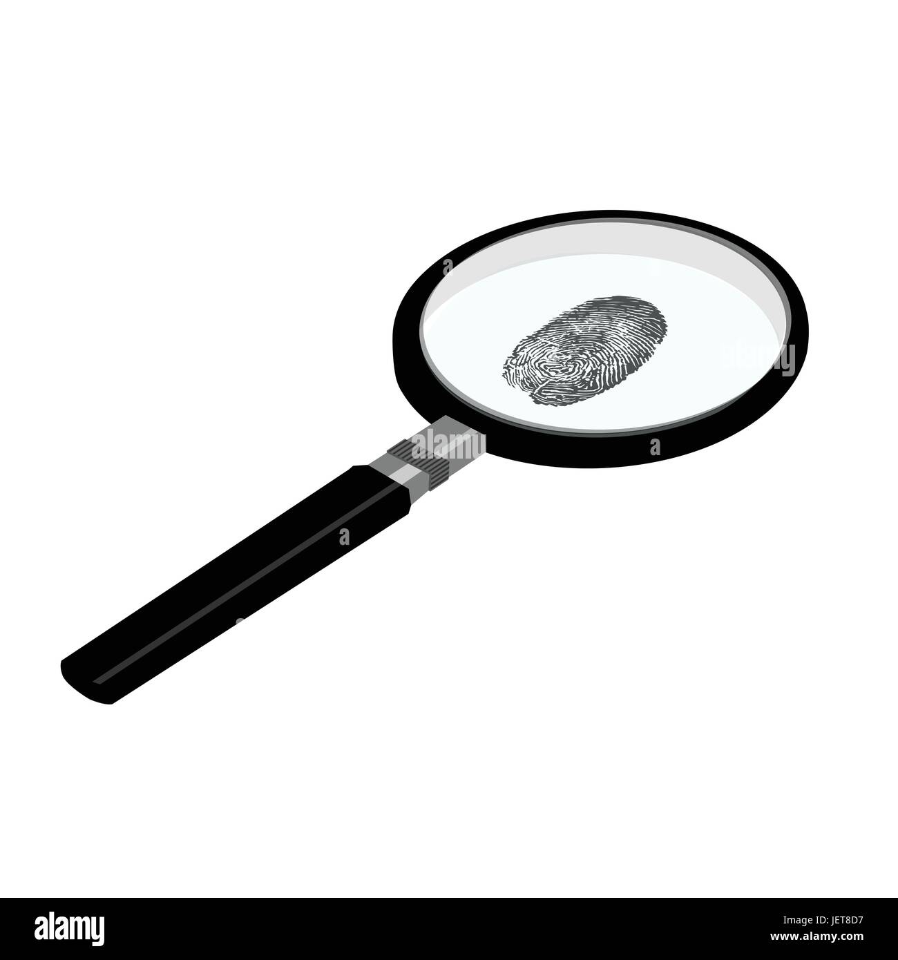 Isometric black fingerprint through magnifying glass vector illustration. Criminalistics research Stock Vector